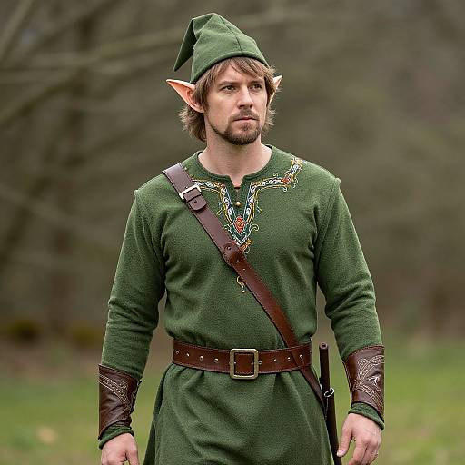 Photograph of a bearded man with elf ears, wearing a green tunic, brown leather belt, and hat, standing in a forest. Fantasy