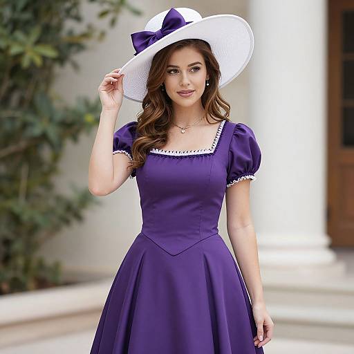 Photograph of a fair-skinned woman with wavy brown hair, wearing a white sunhat with a purple bow, and a purple dress with white