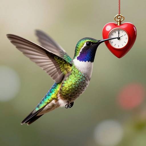 Photograph of a iridescent hummingbird with green, blue, and white feathers, hovering mid-flight, holding a red heart-shaped clock in its