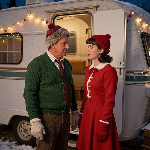Photograph of a gray-haired man in green sweater and red tie, holding hands with a woman in red dress and hat, standing in front of a
