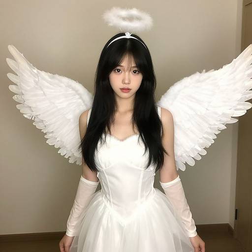 Photograph of an East Asian woman with long black hair, wearing a white angel costume with glowing wings and halo, standing against a plain beige wall.
