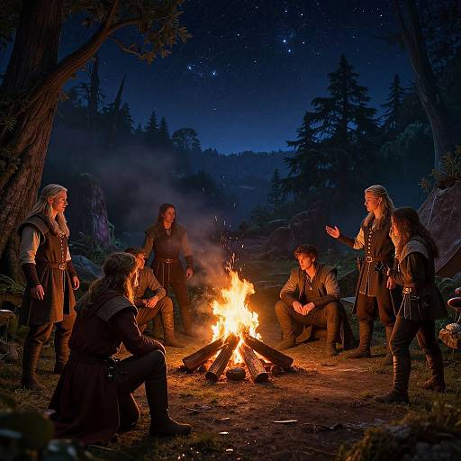 Photograph of six medieval warriors gathered around a campfire in a dark, starry forest, wearing leather and cloth armor, discussing under a night sky