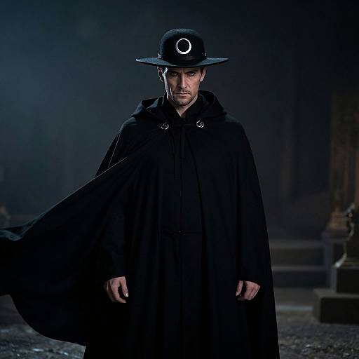 Photograph of a serious man in a black cloak and wide-brimmed hat with a crescent moon emblem, standing in a dark, misty