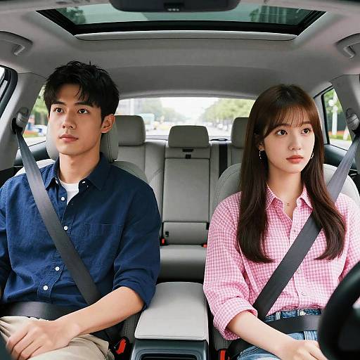 Young Asian Couple Sitting in Car Front Seats