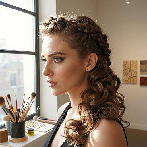 Photograph of a fair-skinned woman with braided and curled brown hair, wearing black, profiled against sunlit window, art studio background.