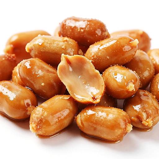 Photograph of glossy, caramel-coated nuts with a shiny, wet texture, piled on a white background, highlighting their rich, golden-brown color