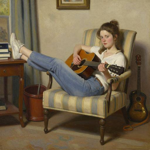 Photorealistic painting of a young girl with brown hair, wearing white shirt and blue jeans, playing guitar in striped armchair, with books and guitar