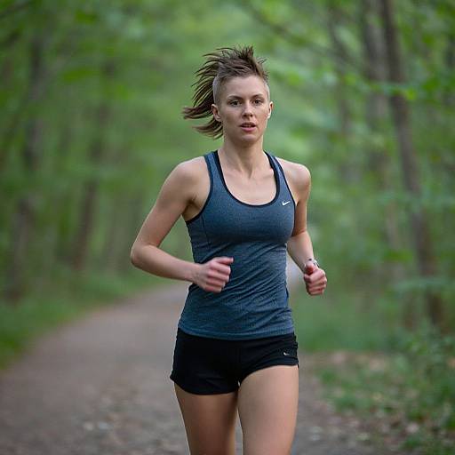 Photograph of a determined woman with short brown hair, wearing a dark tank top and black shorts, running on a forest path.