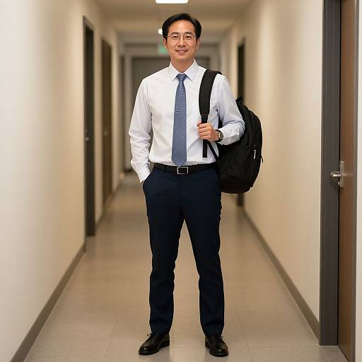 Photograph of a smiling Asian man in a white shirt, blue tie, black pants, and black shoes, standing in a long, white-walled