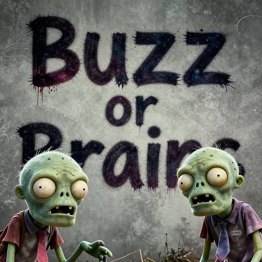 Digital CGI image of two green-skinned, zombie-like children with wide eyes and dirty clothes, standing in front of graffiti 