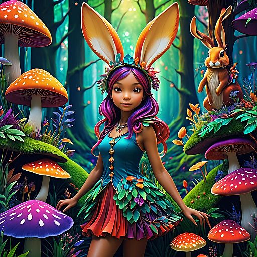 Whimsical Rabbit Girl in Vibrant Fungi Whimsical Rabbit Girl in Vibrant Fungi