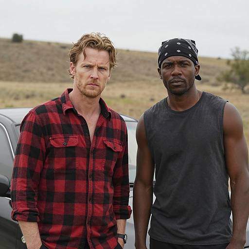 Men by Car in Rural Landscape