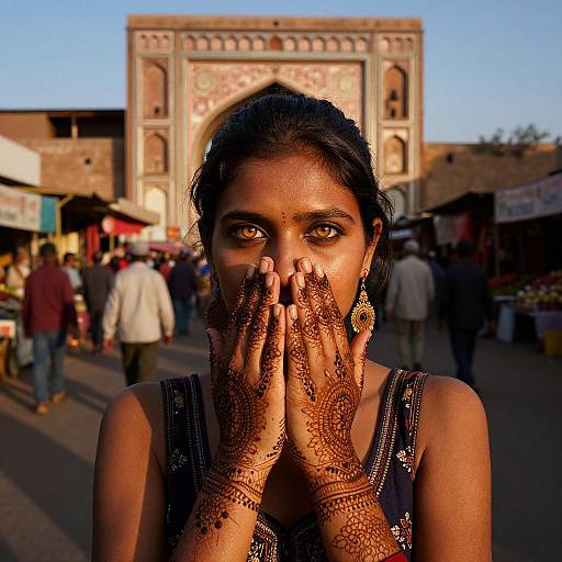 Photograph of a dark-haired Indian woman with intricate henna on her hands, wearing a black dress, standing in a bustling market with a colorful,