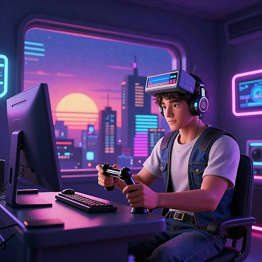 Neon-lit cyberpunk scene: Young man with headset, white t-shirt, and denim overalls, plays video game at futuristic desk, city