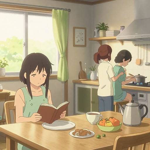 Anime-style digital drawing of a sunny kitchen: girl reading, two others cooking, green curtains, potted plants, breakfast table with fruits and tea.