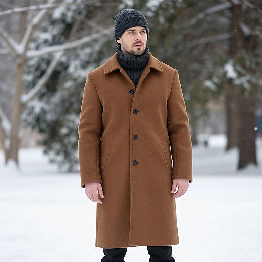 Photograph of a bearded man in a brown wool coat, black knit hat, and scarf, standing in a snowy forest.