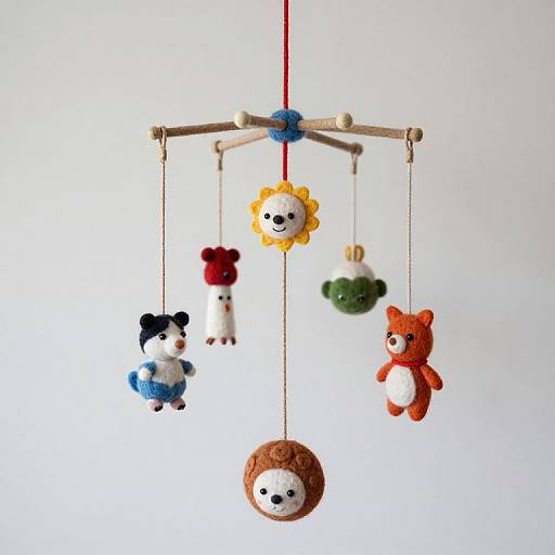Photograph of a wooden mobile with six colorful, felted animal toys: panda, bear, lion, red fox, green frog, and brown ball