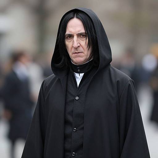 Photograph of a serious, pale-skinned man with black, straight hair, wearing a black hooded cloak over a black shirt, standing in a