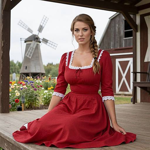 Photograph of a blonde woman in a red, lace-trimmed dress, seated on a wooden porch, with a windmill and flower garden in