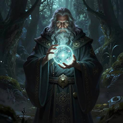 Magical forest scene: elderly wizard with long white beard, wearing ornate dark robe, holds glowing blue magical orb, surrounded by mist and moss-covered