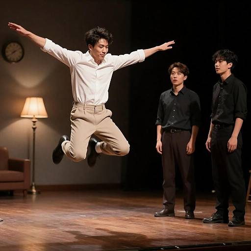 Leaping Performer in Dimly Lit Stage