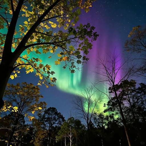 Photograph of vibrant Northern Lights illuminating a night sky, framed by silhouetted trees with yellow and green leaves. Starry background.