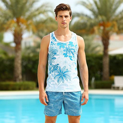 Male Model by Poolside with Palm Trees