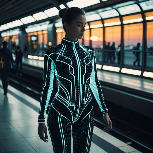 Futuristic Woman in Luminous Bodysuit at Metro Station