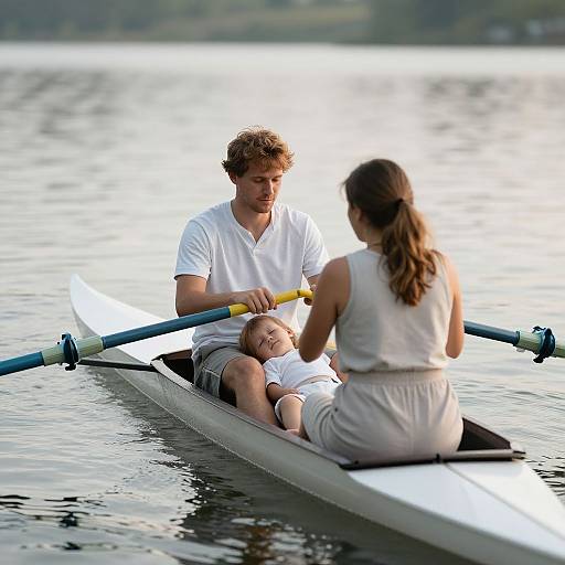 Serene Family Rowing on Tranquil Waters