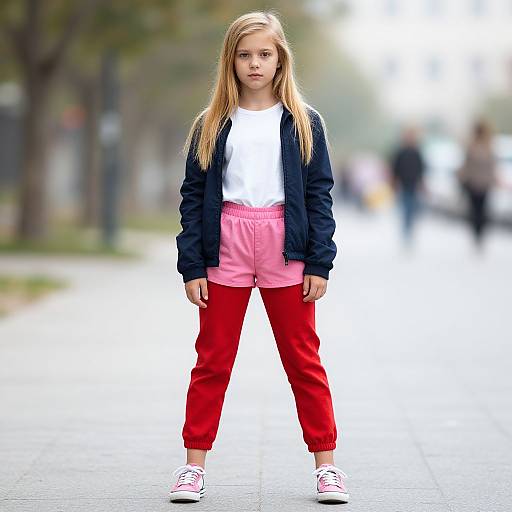 Photograph of a young blonde girl with long hair, wearing a black jacket, white t-shirt, pink shorts, and red pants, standing on a