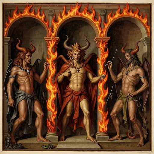 Digital painting of three muscular, horned demons with wings, standing before fiery arches, wearing minimal cloths, in a dark, stone-walled