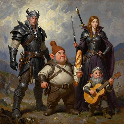 Digital painting of a fantasy group: armored knight, sword-wielding woman, smiling gnome, and small bearded elf playing lute, against a cloudy