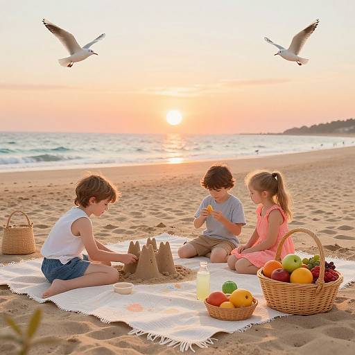 Photograph of three children building a sandcastle on a beach at sunset, surrounded by baskets of fruit, birds flying overhead.