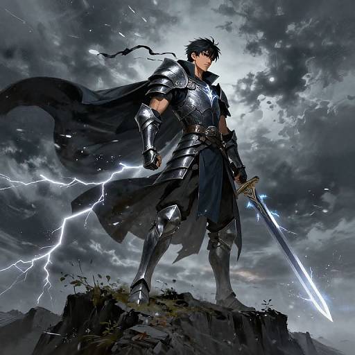 Dynamic anime-style digital artwork of a black-haired warrior in silver armor and black cloak, standing on a rocky cliff with a glowing sword, lightning illuminating