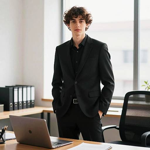 Photograph of a young, curly-haired man in a black suit standing confidently in a bright office with large windows, hands in pockets, laptop on desk