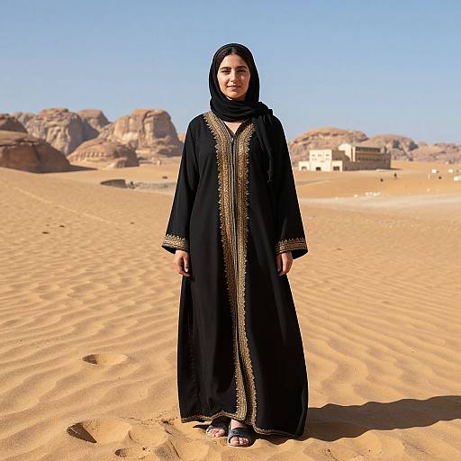 Photograph of a South Asian woman with medium brown skin and black hijab, wearing a long black abaya with gold trim, standing in a sunny