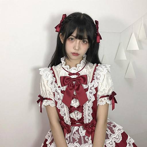 Asian Woman in Red Lace Dress