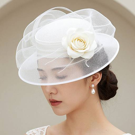 Photograph of an Asian woman with fair skin, dark hair in a bun, wearing a white mesh fascinator with a yellow rose, pearl earrings,