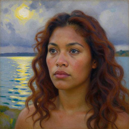Portrait of a young woman with curly red hair, brown eyes, and olive skin, standing by a shimmering lake at sunset. Digital painting with impression