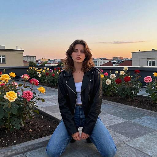Photograph of a young woman with wavy brown hair, wearing a black leather jacket and blue jeans, sitting on a rooftop garden at sunset, surrounded