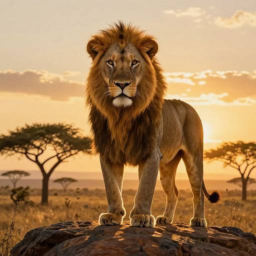 Photograph of a majestic male lion standing on a rock during a golden sunset in the African savannah, with acacia trees in the background.