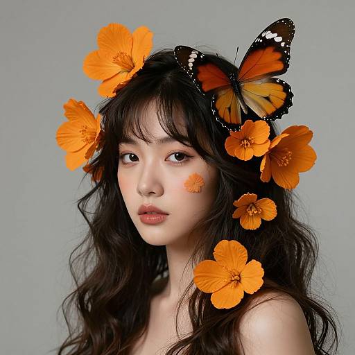 Photograph of an Asian woman with long, wavy black hair, wearing bright orange butterfly and flower headpieces, and an orange butterfly on her head