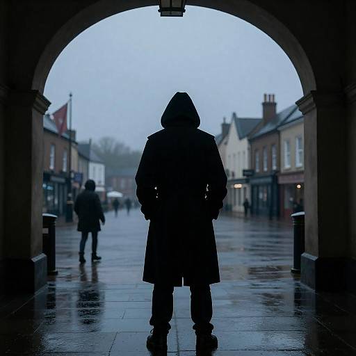 Mysterious Figure in Rainy Town Square