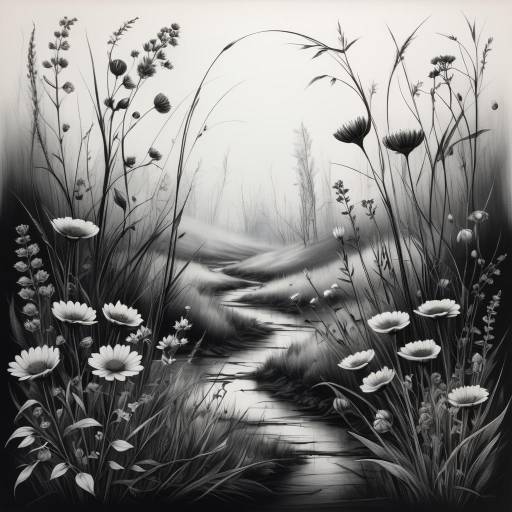 Serene Autumn Meadow in Charcoal Sketch Serene Autumn Meadow in Charcoal Sketch