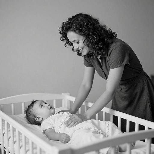 Black-and-White Mother Pushing Baby in Crib