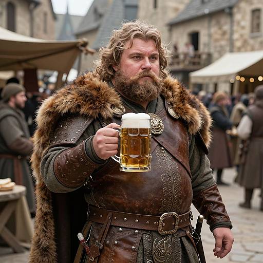 Medieval bearded man with curly hair in fur-trimmed leather armor holding frothy beer mug, standing in bustling stone village market. Photograph.