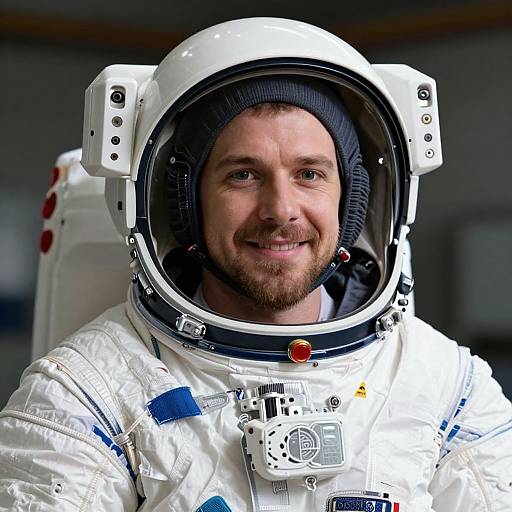 Photograph of a smiling bearded man in a white space suit with a black hood, visible in a bright, indoor setting.