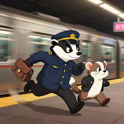 Digital cartoon of a smiling, anthropomorphic black-and-white badger police officer in uniform, running with a brown-and-white ferret, both carrying brief