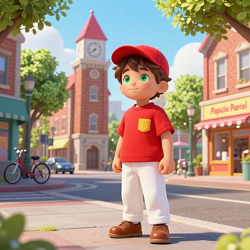 Cheerful Boy on Sunny City Street