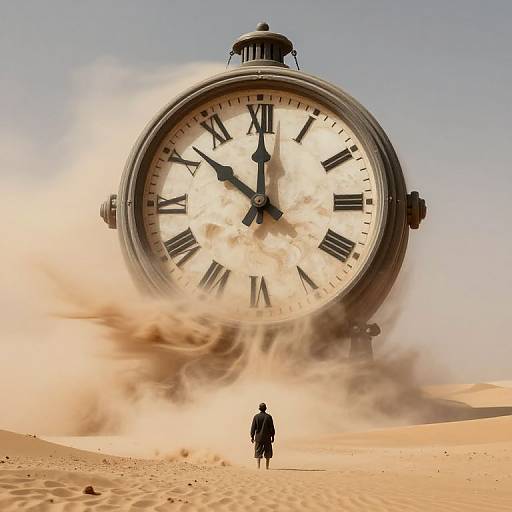 Photograph: Giant clock face emerging from desert sand, with a lone figure in black standing at its base, clear blue sky.